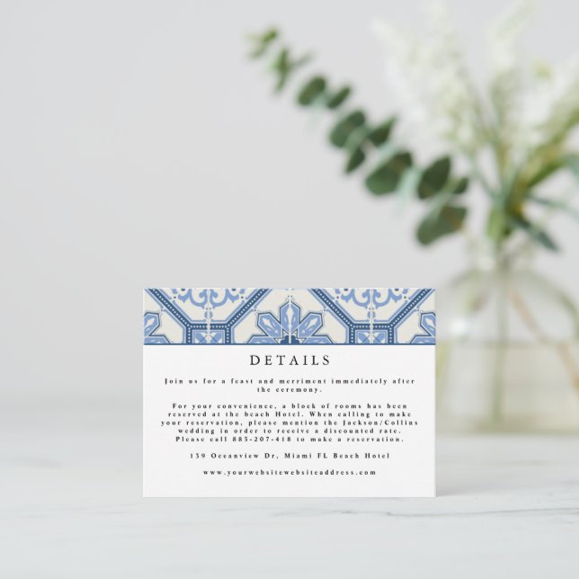 Tarjeta De Recepción Elegante Boda de mosaico griego azul (Anverso de pie)