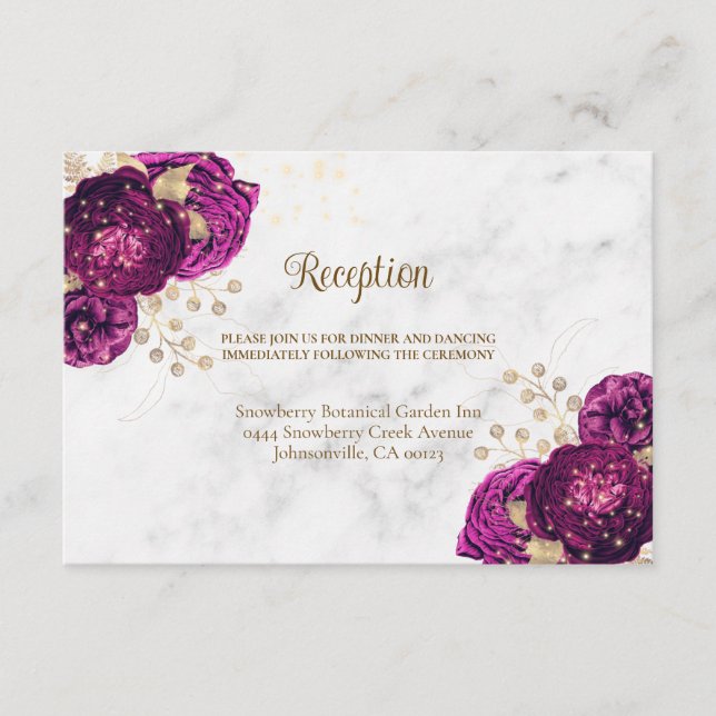 Tarjeta De Recepción Elegante Boda de oro floral de Fuchsia (Anverso)