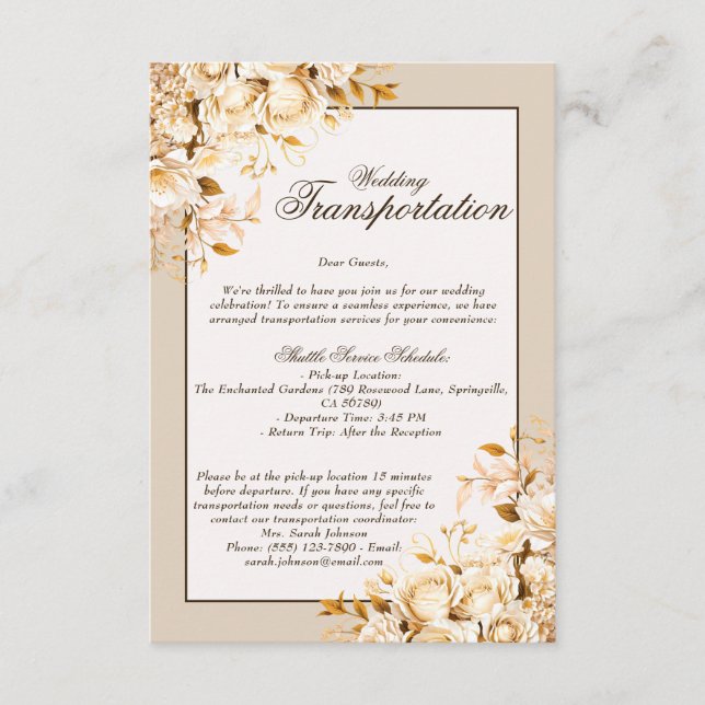 Tarjeta De Recepción Elegante Boda de oro y marfil floral (Anverso)