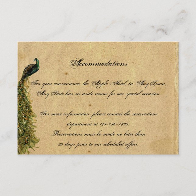 Tarjeta De Recepción Elegante Boda de pavo real añejo (Anverso)