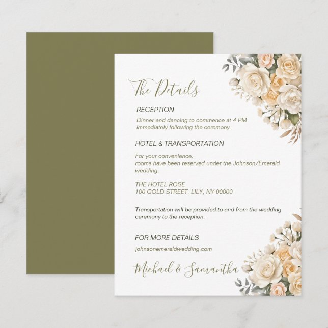 Tarjeta De Recepción Elegante Boda de Pearl White y Rosa de Marfil (Anverso / Reverso)