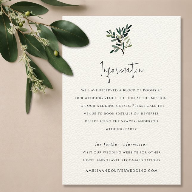 Tarjeta De Recepción Elegante Boda de rama de árbol de oliva (Olive tree branch wedding invitation suite enclosure card, information card, hotel details card)