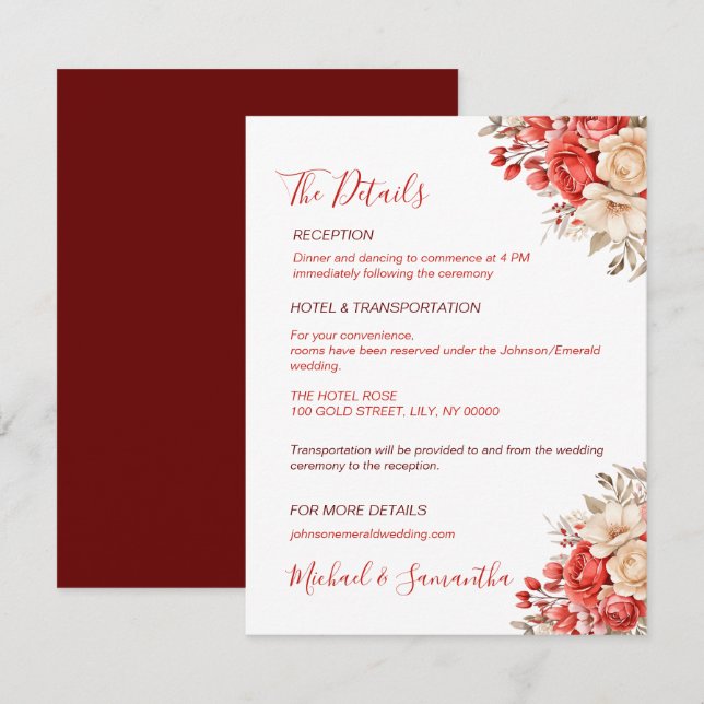 Tarjeta De Recepción Elegante Boda de Rosa rojo e marfil (Anverso / Reverso)