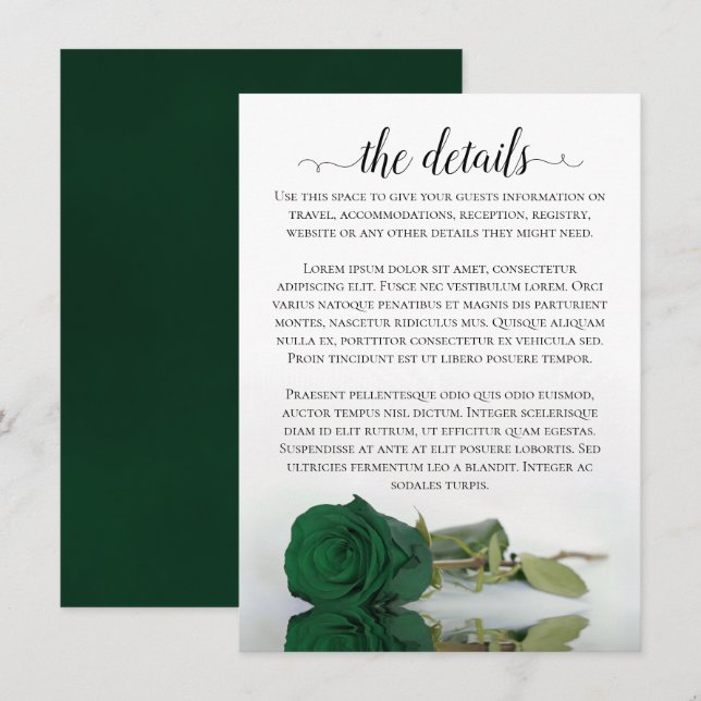 Tarjeta De Recepción Elegante Boda de Rosa verde esmeralda (Anverso / Reverso)