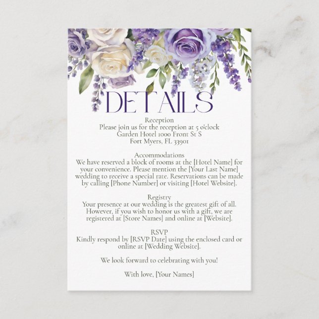 Tarjeta De Recepción Elegante Boda de rosas blancas de lavanda púrpura (Anverso)