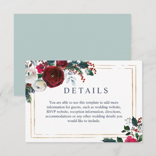 Tarjeta De Recepción Elegante Boda de Rosas de invierno de Borgoña (Anverso / Reverso)