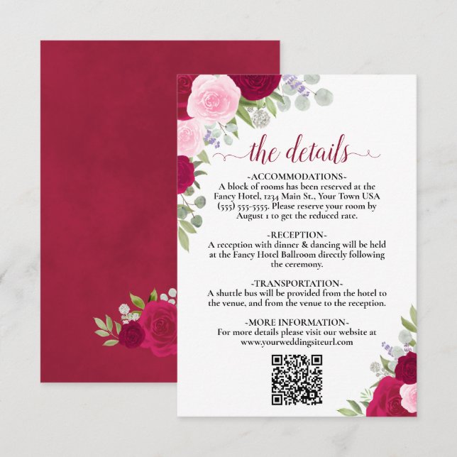 Tarjeta De Recepción Elegante Boda de rosas rosa magenta detalles del c (Anverso / Reverso)