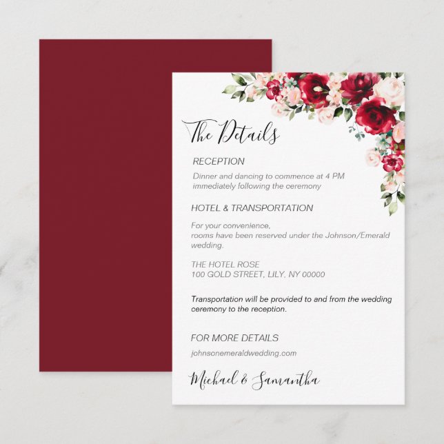 Tarjeta De Recepción Elegante Boda de Rubor y rosas rojas (Anverso / Reverso)