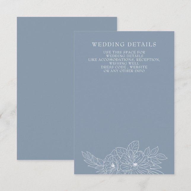 Tarjeta De Recepción Elegante Boda de sketch floral Dusty Blue Minimal (Anverso / Reverso)