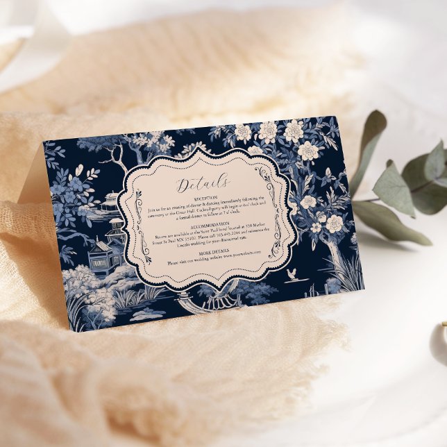 Tarjeta De Recepción Elegante Boda de tela azul de Jouy (Subido por el creador)