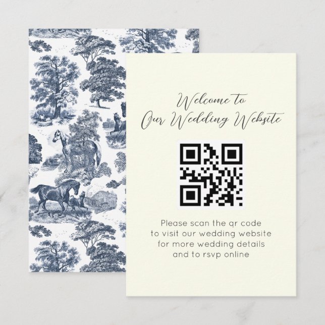 Tarjeta De Recepción Elegante Boda de tela de caballo azul de época (Anverso / Reverso)