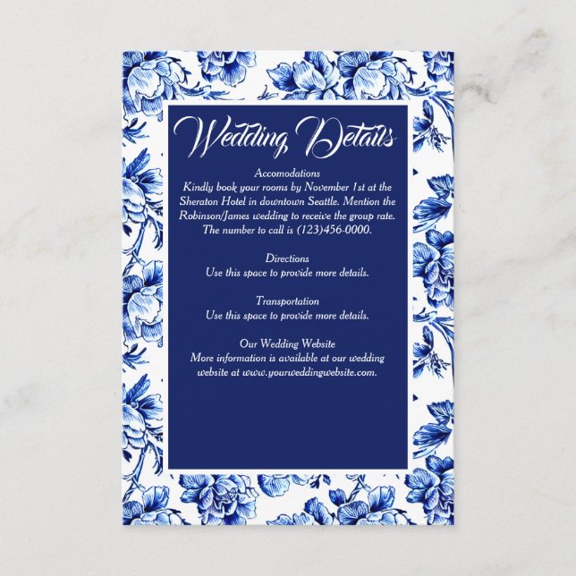 Tarjeta De Recepción Elegante Boda de tela floral blanca azul