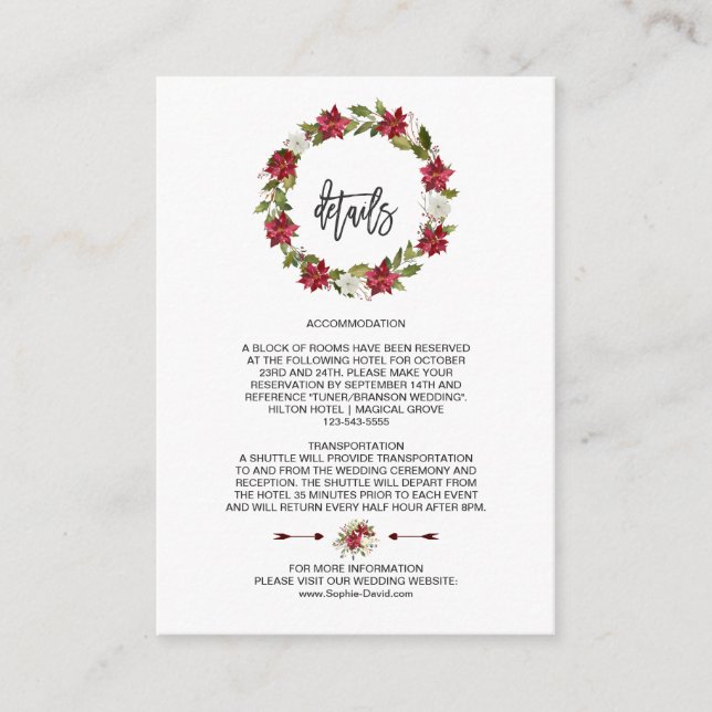 Tarjeta De Recepción Elegante Boda de vacaciones de invierno de Poinset (Anverso)