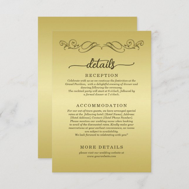 Tarjeta De Recepción Elegante boda del Ornate Gold de lujo (Anverso / Reverso)