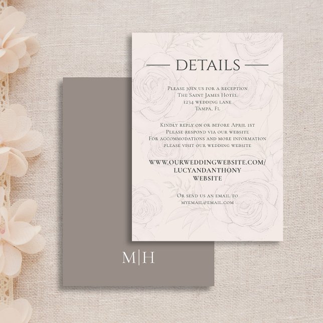 Tarjeta De Recepción Elegante Boda Detalles de la vegetación floral Rub (Simple Wedding details card with elegant floral blush and taupe backgrounds)