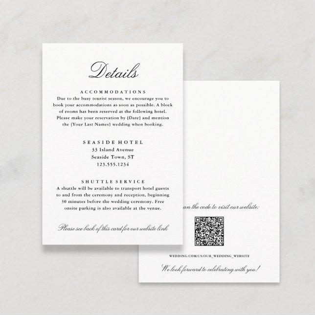 Tarjeta De Recepción Elegante Boda Detalles del Hotel Info Código QR (Elegant Black and White Wedding Details Hotel Info QR code Enclosure Card from Coastal Map Designs)