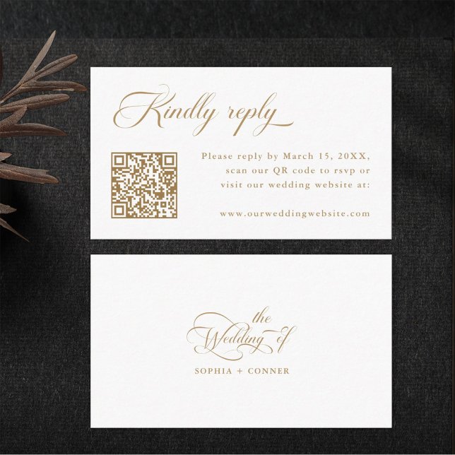 Tarjeta De Recepción Elegante Boda Dorada y Blanca Delicada RSVP (Front & Back)