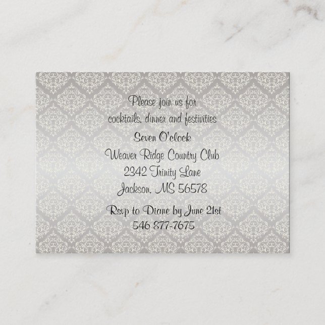 Tarjeta De Recepción Elegante Boda estilo Damasco plateado 1 (Anverso)