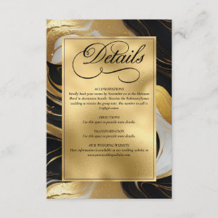 Tarjeta De Recepción Elegante Boda Faux Gold, Black and White Marble