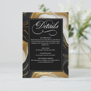 Tarjeta De Recepción Elegante Boda Faux Gold, Black & White Marble