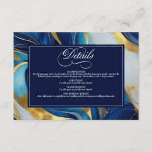 Tarjeta De Recepción Elegante Boda Faux Gold, Blue and White Marble