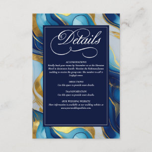 Tarjeta De Recepción Elegante Boda Faux Gold, Blue and White Marble