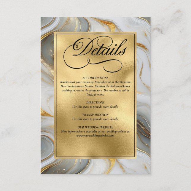 Tarjeta De Recepción Elegante Boda Faux Gold, Gris y Marble Blanco (Anverso)