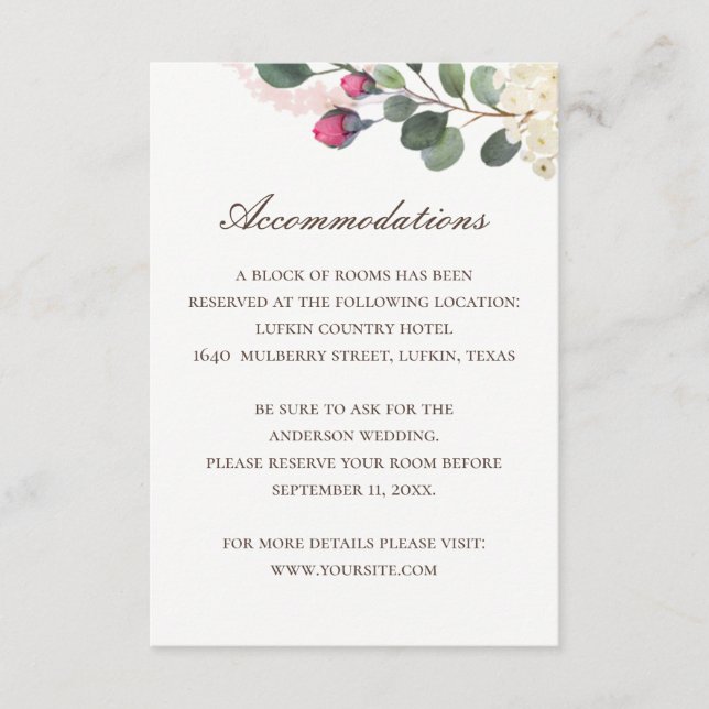 Tarjeta De Recepción Elegante Boda floral | Alojamiento Rosa + QR (Anverso)