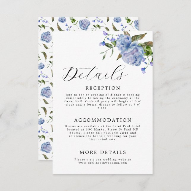 Tarjeta De Recepción Elegante Boda floral azul (Anverso / Reverso)