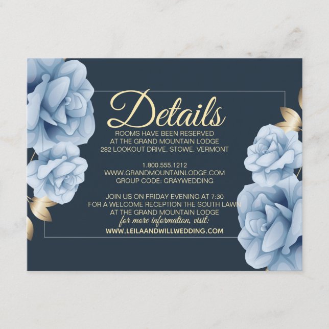 Tarjeta De Recepción Elegante Boda floral azul de Midnight (Anverso)