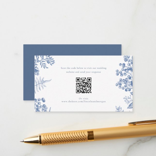 Tarjeta De Recepción Elegante Boda floral azul francés Código QR (Anverso/Reverso In Situ)