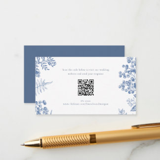 Tarjeta De Recepción Elegante Boda floral azul francés Código QR