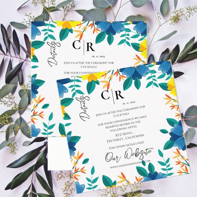 Tarjeta De Recepción Elegante Boda floral azul y amarillo (Elegant Blue and Yellow Floral Wedding Details Enclosure Card)