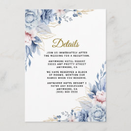 Tarjeta De Recepción Elegante Boda floral azul y Rubor