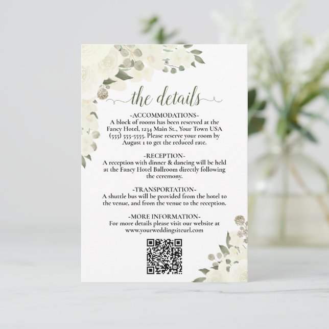 Tarjeta De Recepción Elegante Boda floral blanco marfil detalles código (Anverso de pie)