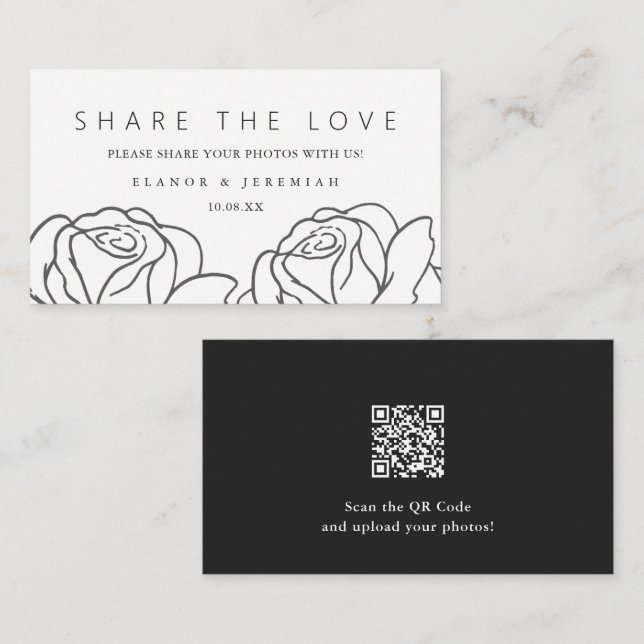 Tarjeta De Recepción Elegante Boda floral blanco negro comparte el amor (Anverso / Reverso)