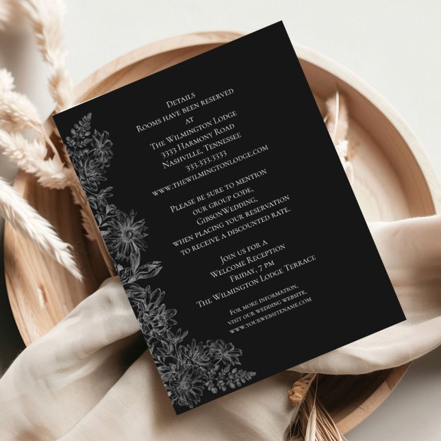 Tarjeta De Recepción Elegante Boda floral blanco negro detalles enclos (Subido por el creador)