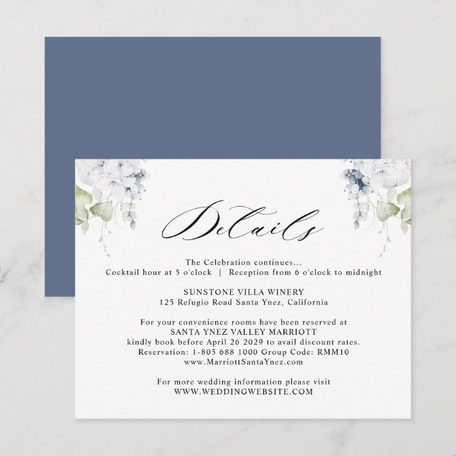 Tarjeta De Recepción Elegante Boda floral blanco y azul marino (Anverso / Reverso)