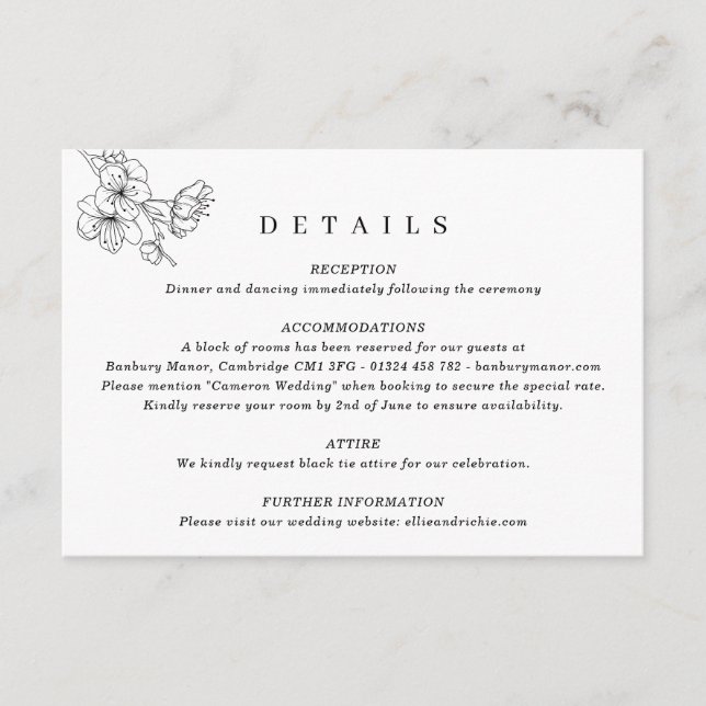 Tarjeta De Recepción Elegante Boda floral blanco y negro (Anverso)
