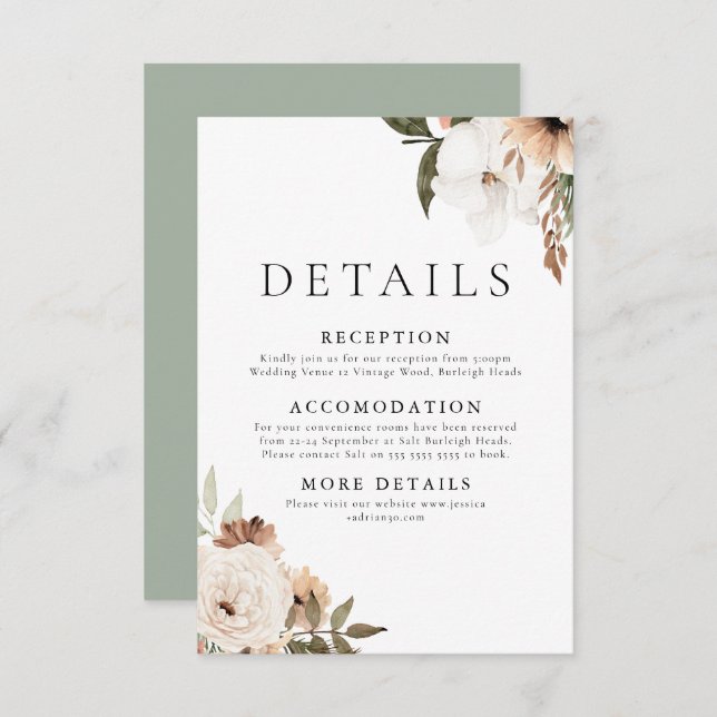 Tarjeta De Recepción Elegante Boda Floral Boho (Anverso / Reverso)