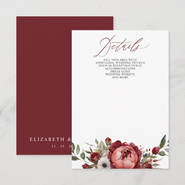 Tarjeta De Recepción Elegante Boda Floral Boho Burgundy Rubor (Anverso / Reverso)