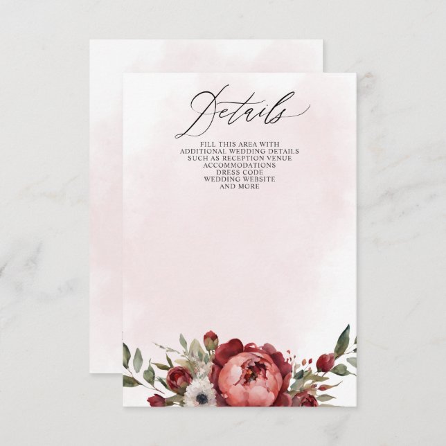 Tarjeta De Recepción Elegante Boda Floral Boho Burgundy Rubor (Anverso / Reverso)