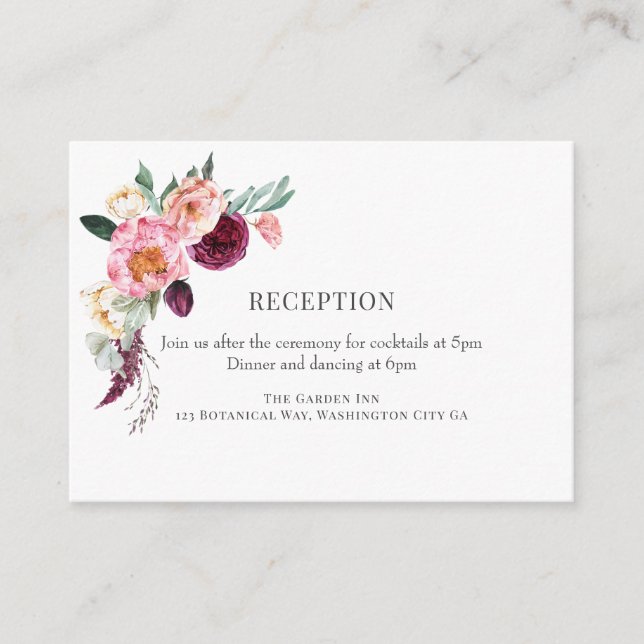 Tarjeta De Recepción Elegante Boda Floral Burgundy Watercolor (Anverso)