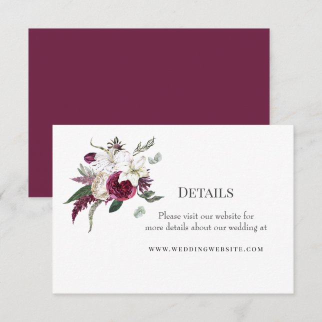 Tarjeta De Recepción Elegante Boda Floral Burgundy Watercolor (Anverso / Reverso)