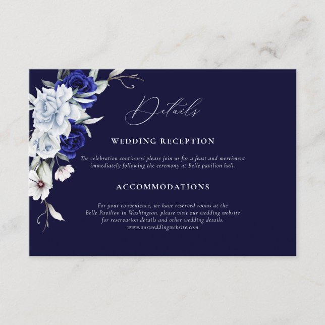 Tarjeta De Recepción Elegante Boda floral de la Marina Azul (Anverso)