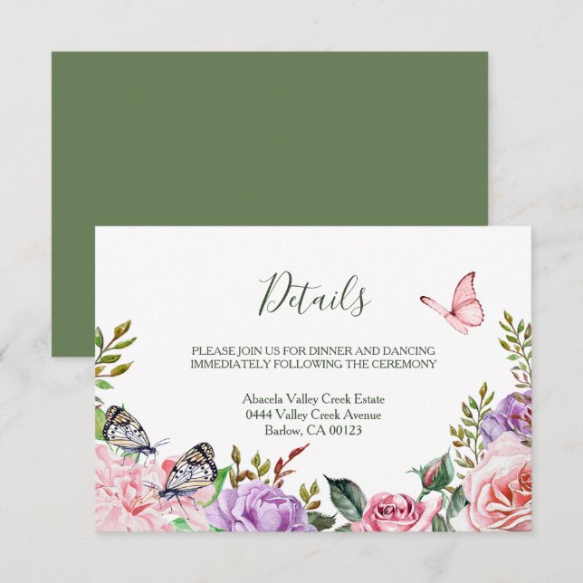 Tarjeta De Recepción Elegante Boda floral de mariposa de primavera rura (Anverso / Reverso)