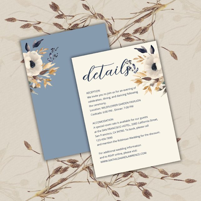 Tarjeta De Recepción Elegante Boda floral de oro azul turquesa (Elegant Dusty Blue Gold Winter Floral Wedding Enclosure Card)