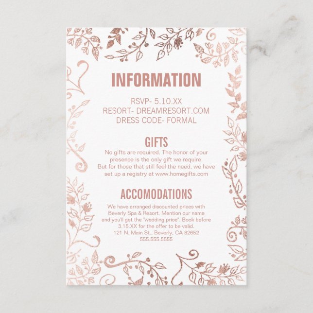 Tarjeta De Recepción Elegante Boda floral de oro rosa blanco (Anverso)