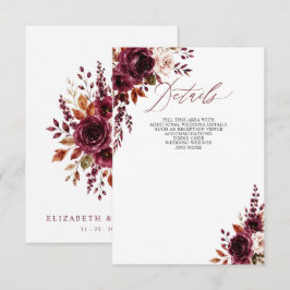 Tarjeta De Recepción Elegante Boda Floral de Otoño Boho Burgundy