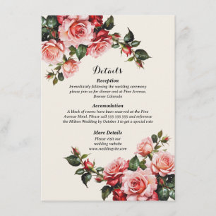 Tarjeta De Recepción Elegante boda floral de rosas rosas rosas y rojas